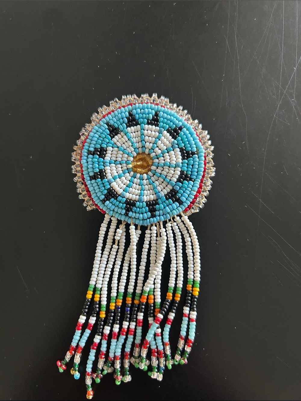 Vintage Turquoise, Native American White and Black Beaded Fringe Brooch